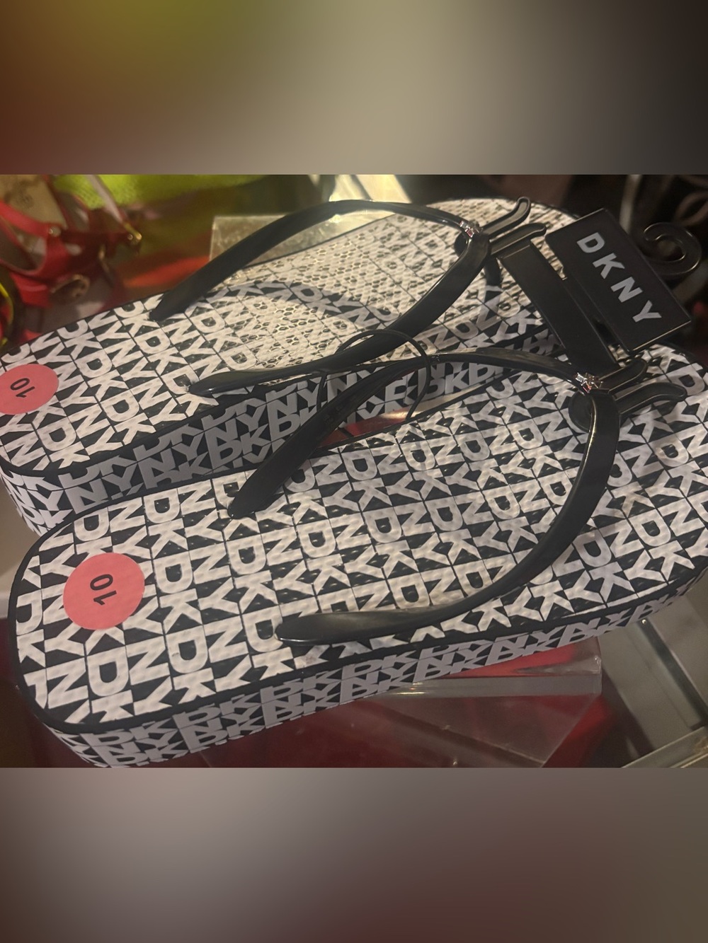 DKNY Black and White Logo Flip Flops